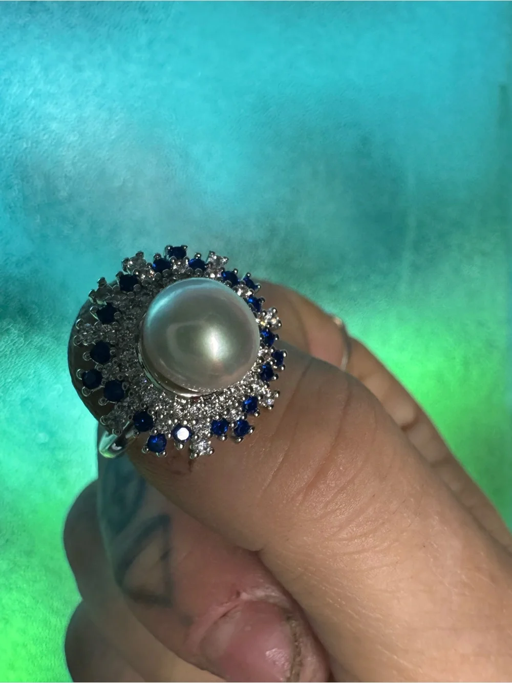 Elegant Pearl and Blue Swarovski Crystal Halo Ring - Silver Tone